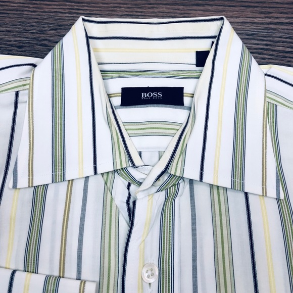 Hugo Boss White w/Yellow & Green Stripe Shirt 15.5 - Picture 2 of 3